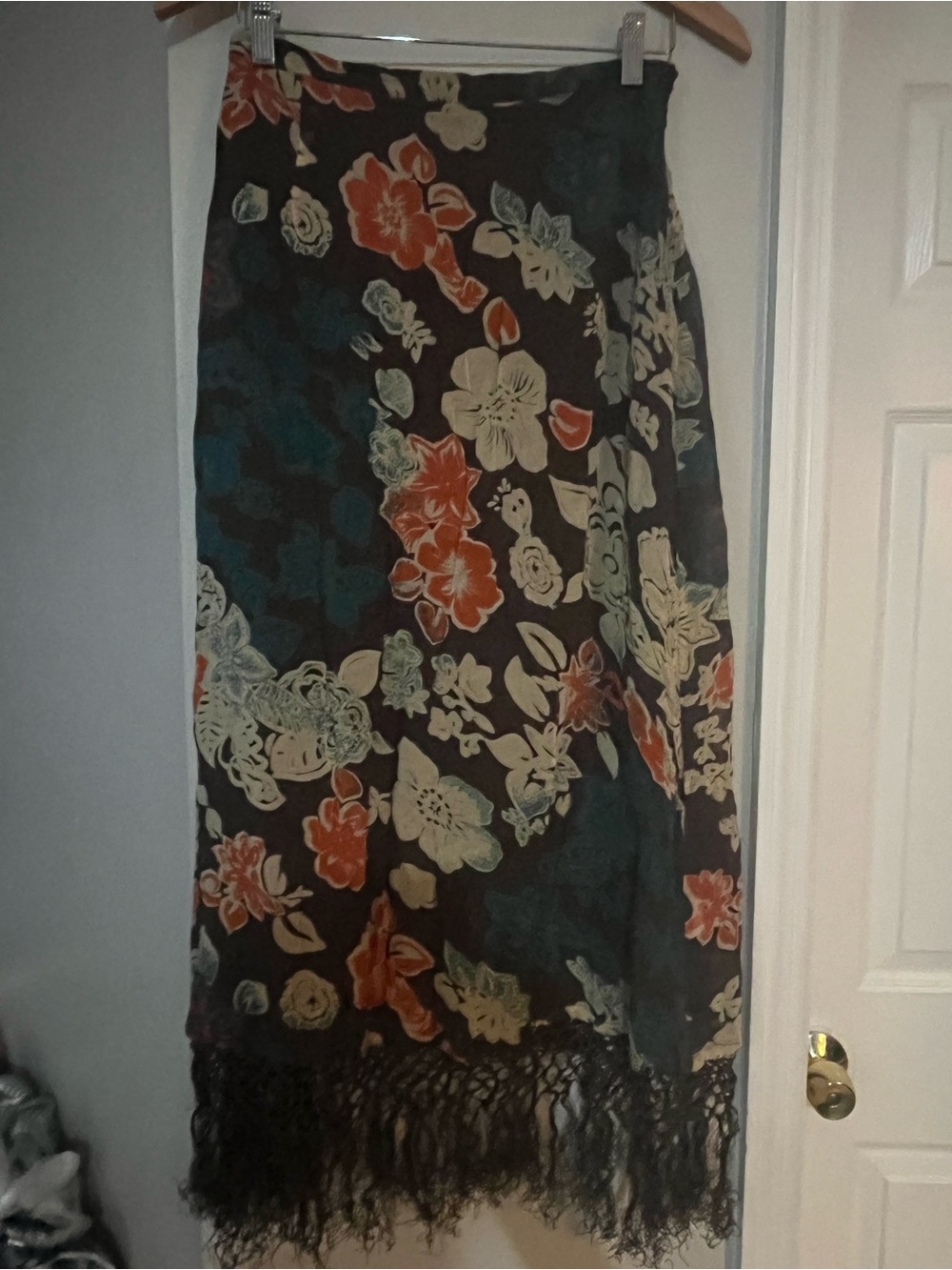 Splash Woman Floral Fringe Hem Skirt Size 16 Brown Teal Orange Boho Midi Pull On - Picture 2 of 8